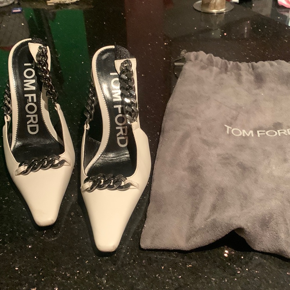 Tom Ford white leather sling backs with chain.
